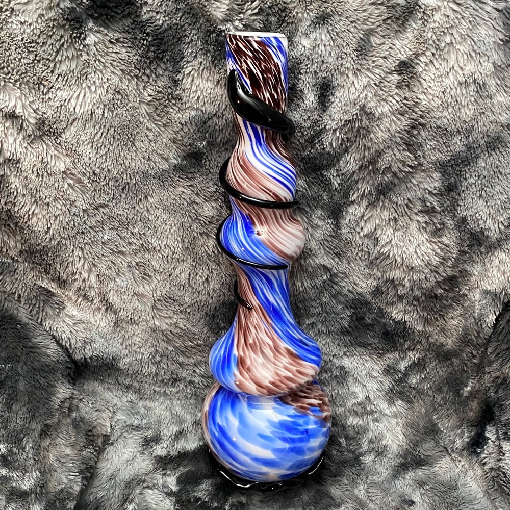 TALL Blown Glass Abstract Art
Vase Blue Brown Swirl Colors Black glass band